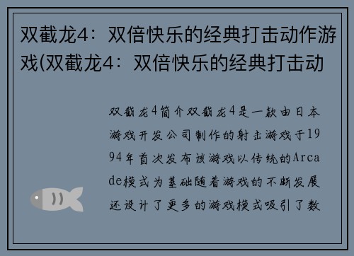 双截龙4：双倍快乐的经典打击动作游戏(双截龙4：双倍快乐的经典打击动作游戏续写)