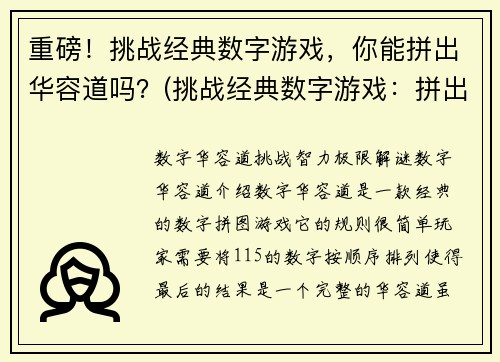 重磅！挑战经典数字游戏，你能拼出华容道吗？(挑战经典数字游戏：拼出华容道)